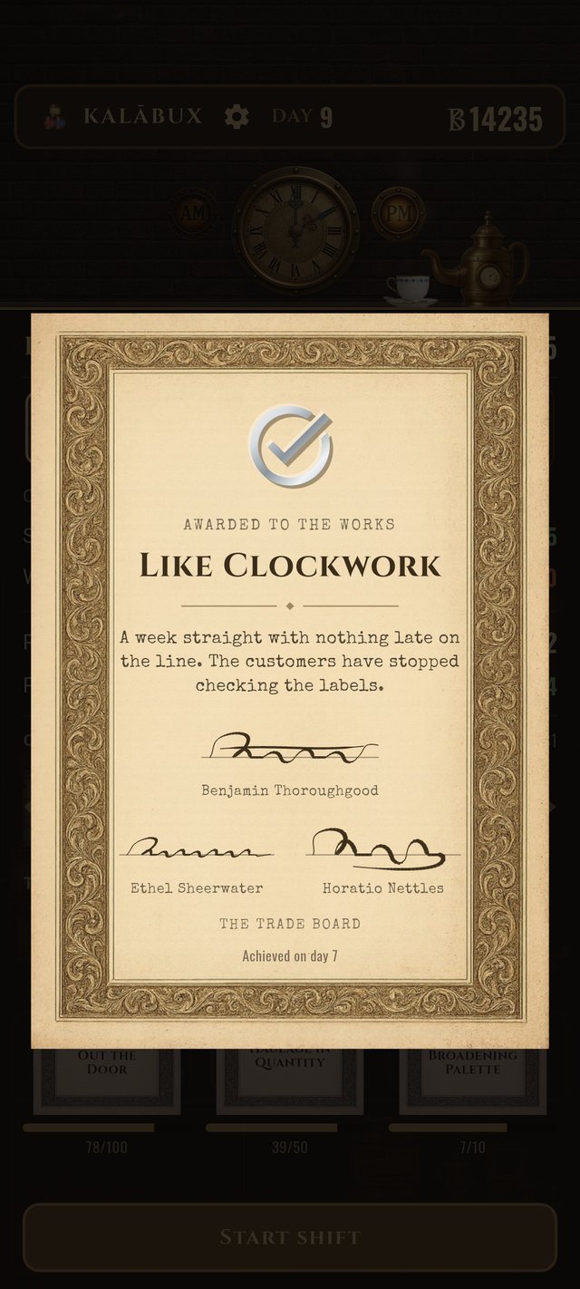 A commendation from the trade board, signed by three hands. Old Silas hangs them himself.